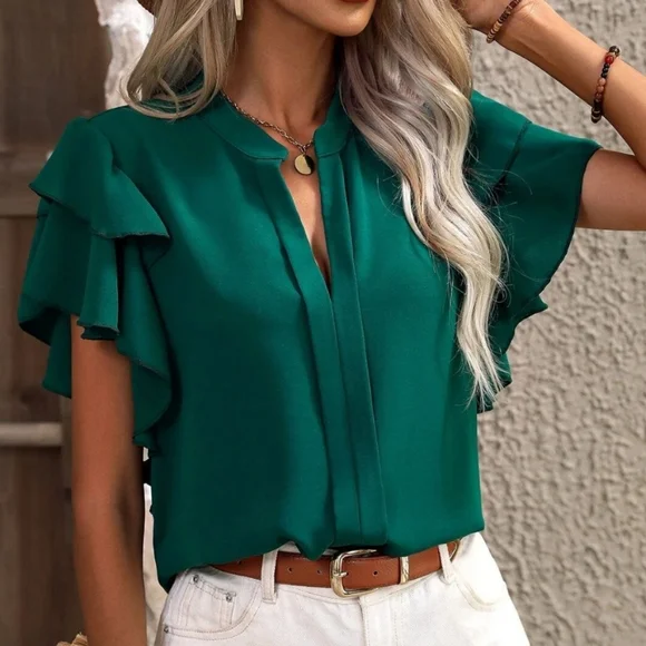 Victoria Ruffle Sleeve Top - Moss - Picture 1 of 3